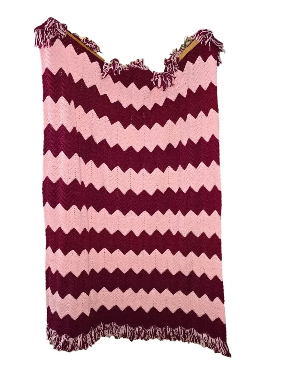 Vintage Handmade Chevron Afghan Blanket Pink Burgundy Fringed Knitted 72